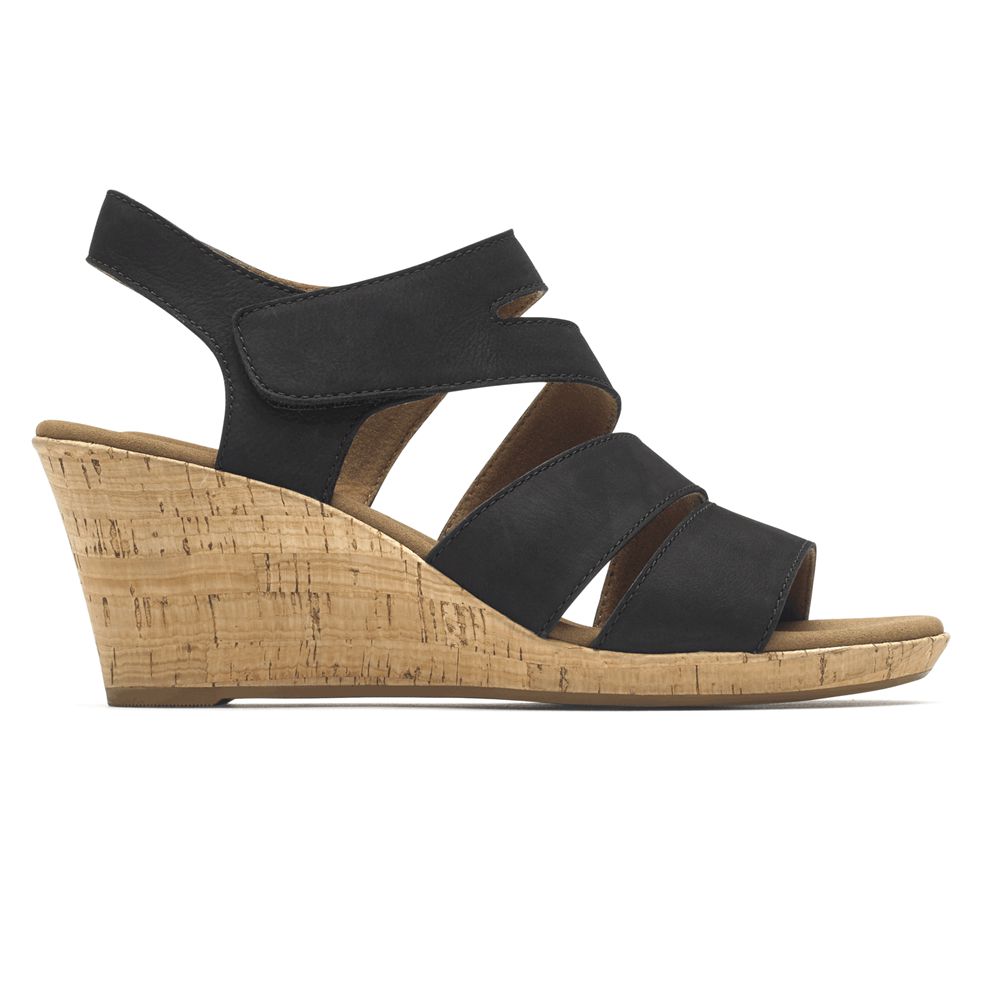 Rockport Women's Briah Strappy Comfort Wedges Sandals - Black - USA (3590UBTRY)